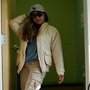 100% silk quilted bomber jacket in cream white tan color